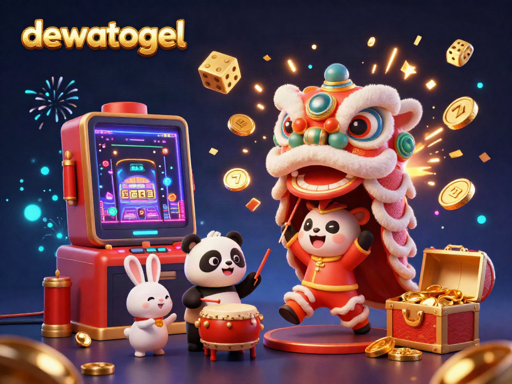 Merayakan kemenangan togel di Dewatogel dengan ilustrasi kota ceria dan elemen permainan yang dinamis.