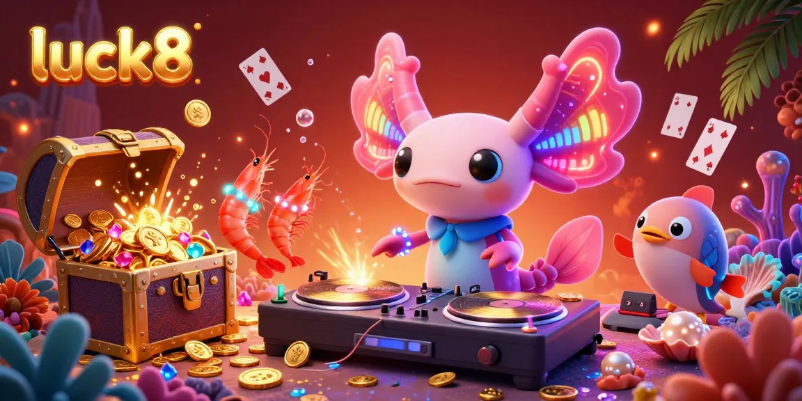 Engage with luck8's vibrant underwater casino, featuring DJ axolotl and glowing shrimp, amidst treasure and games.