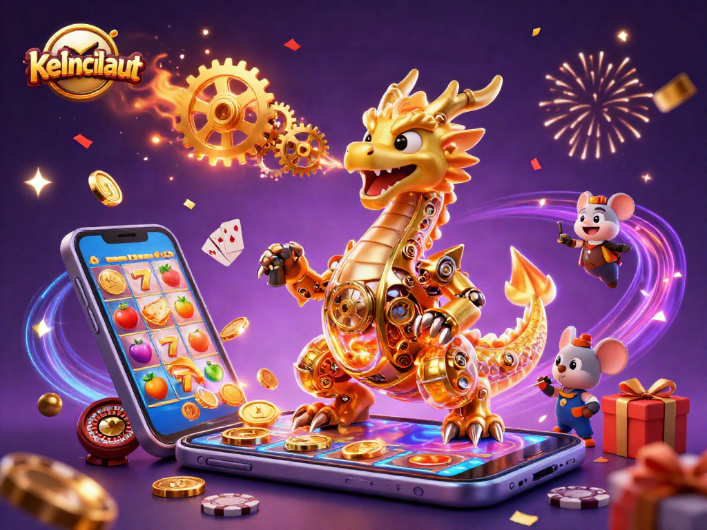 Engage with kelincilaut as the golden dragon breathes golden gears amidst vibrant slot gaming action.