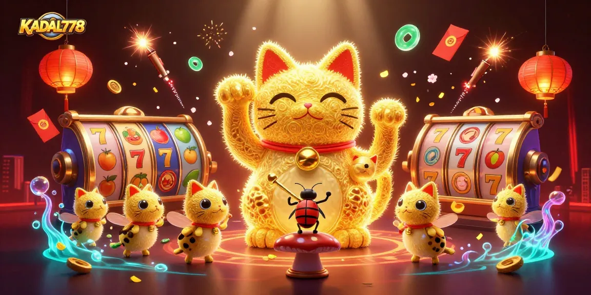 KADAL778 showcases a giant lucky cat animated by fireflies, surrounded by dynamic casino symbols for an engaging online gaming experience.