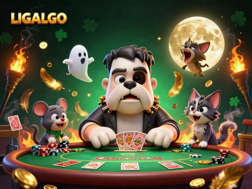 LIGALGO's fun-filled casino scene featuring a cartoon bulldog dealer and playful characters at a poker table.