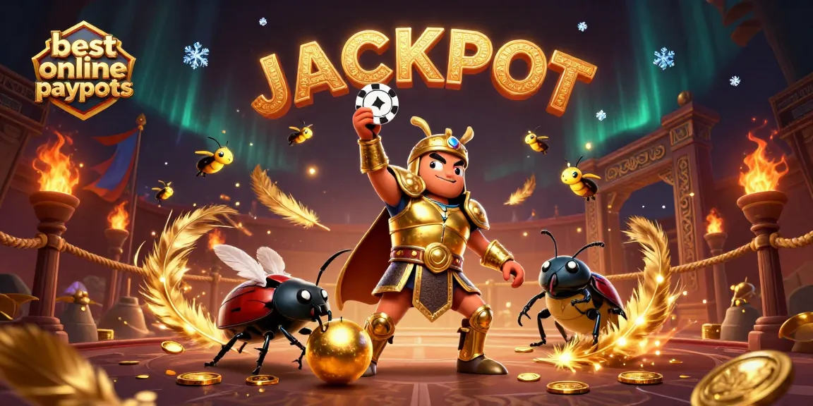 Experience the thrill at best online casino payouts with a herculean beetle celebrating near a jackpot.