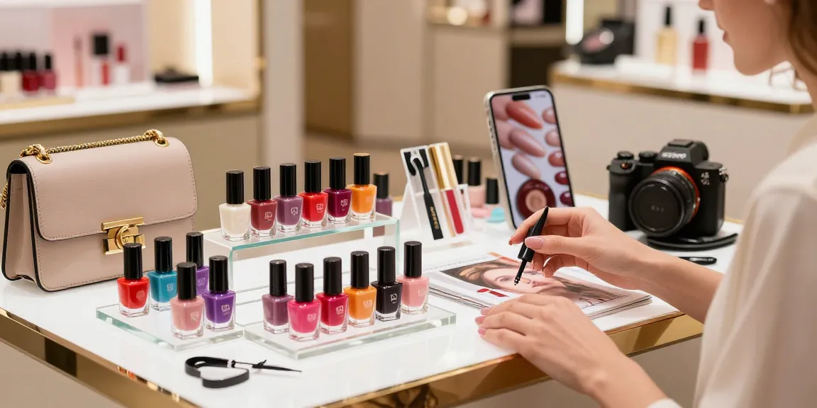 Menampilkan produk kecantikan mewah, LUXURY 12, dengan nail polish dalam suasana belanja yang elegan.