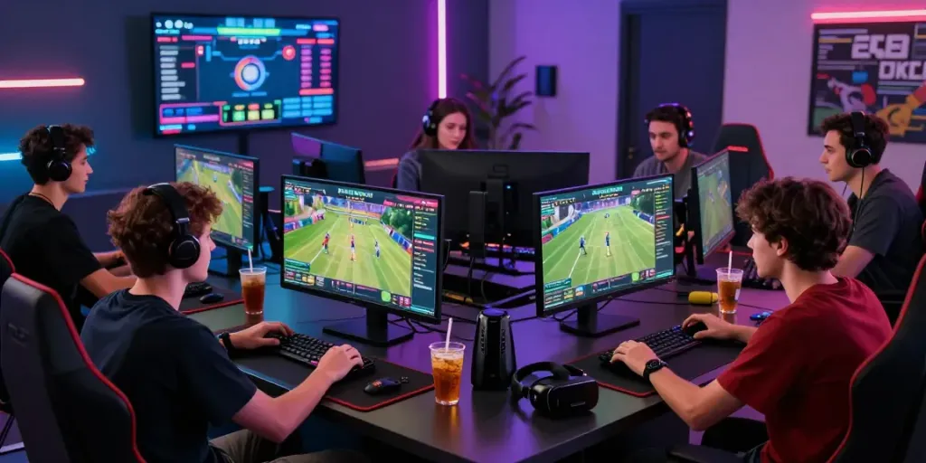 Suasana permainan natunatoto dengan teman-teman mengikuti taruhan online dan diskusi strategi di ruang gaming modern.