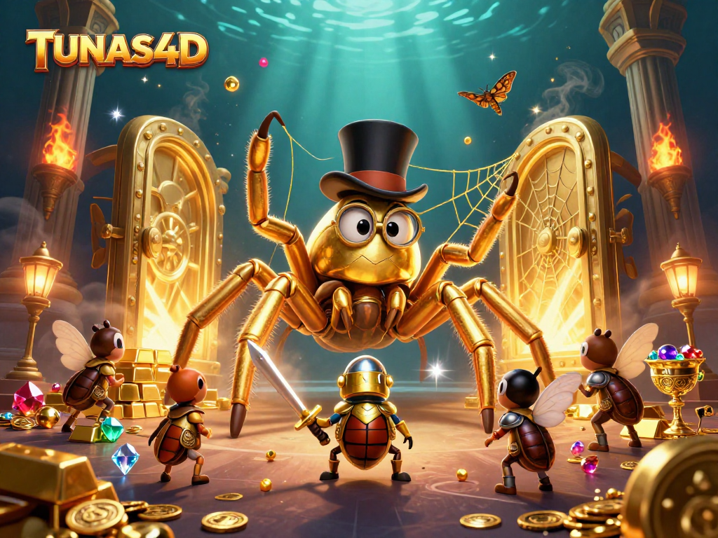 TUNAS4D showcases a giant golden tarantula and beetle knight amidst a sparkling casino scene