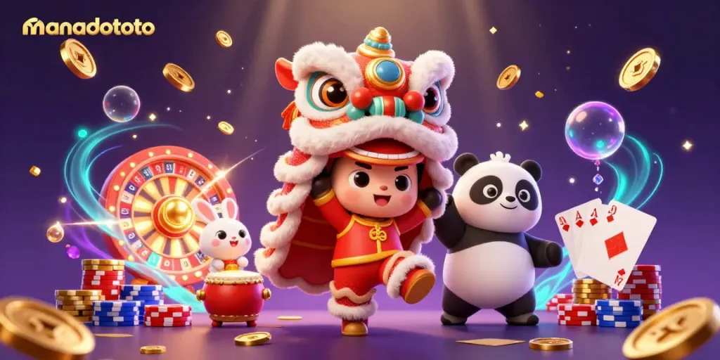 Experience exciting gameplay with manadototo in this vibrant 3D casino scene full of animated characters and winning elements.
