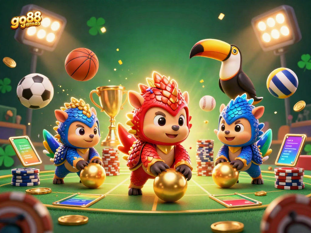 Engaging illustration of go88 game with rival pangolins bowling through poker chips amidst vibrant casino elements.