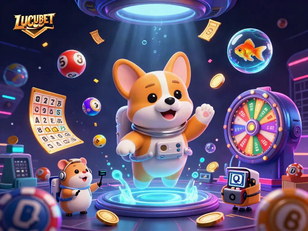 Experience LUCUBET's vibrant space-themed casino adventure featuring floating characters and dynamic gaming elements.