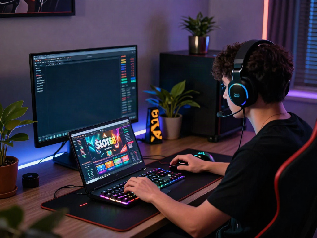 Pengguna memainkan slot88 online dengan laptop dan aksesori gaming di ruang modern.