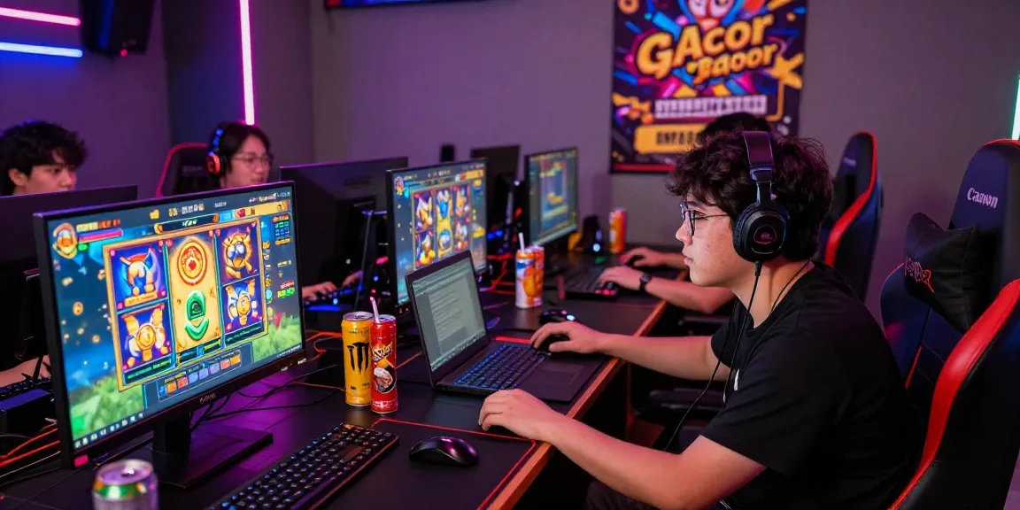 Gamers enjoying engaging slot gacor games in a vibrant gaming setup filled with snacks and neon lights.