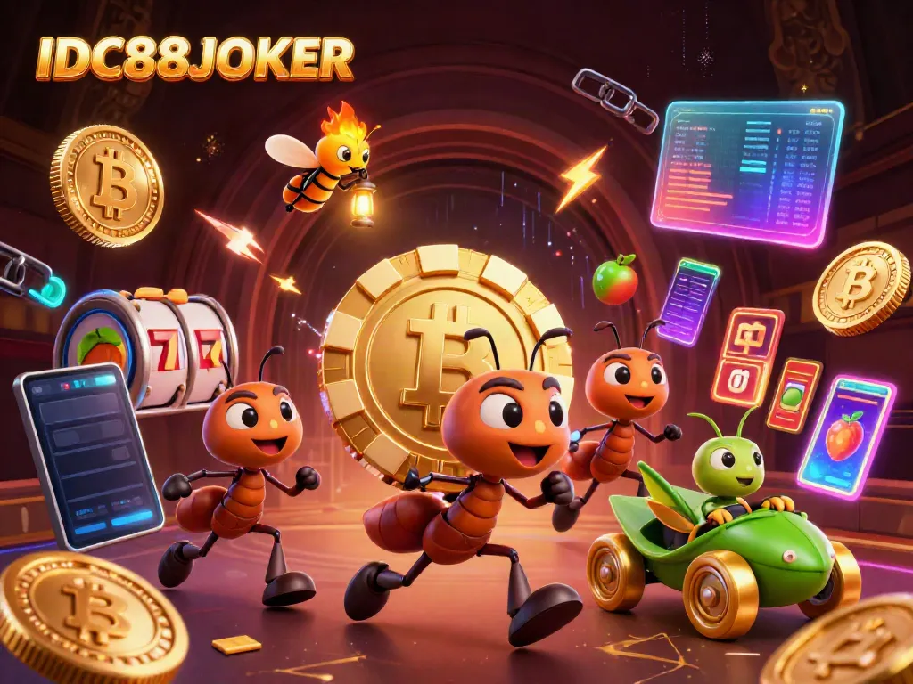 Engage in thrilling gaming moments with the IDC88JOKER casino scene featuring ants on a heist.