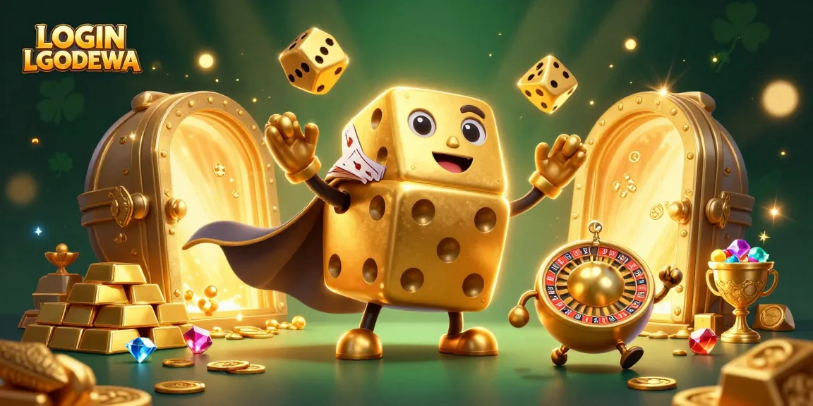Engage with LOGIN LGODEWA through vibrant 3D visuals showcasing casino excitement with golden treasures.