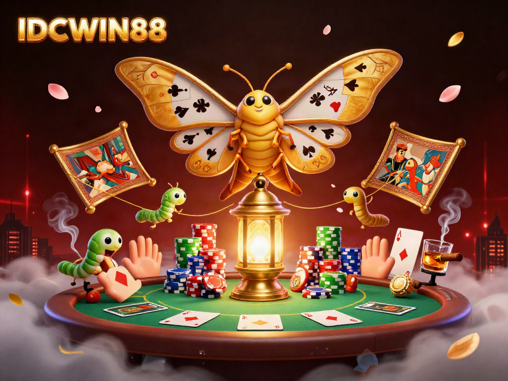 Engage with IDCWIN88's vibrant casino arts featuring golden moths and poker dynamics.