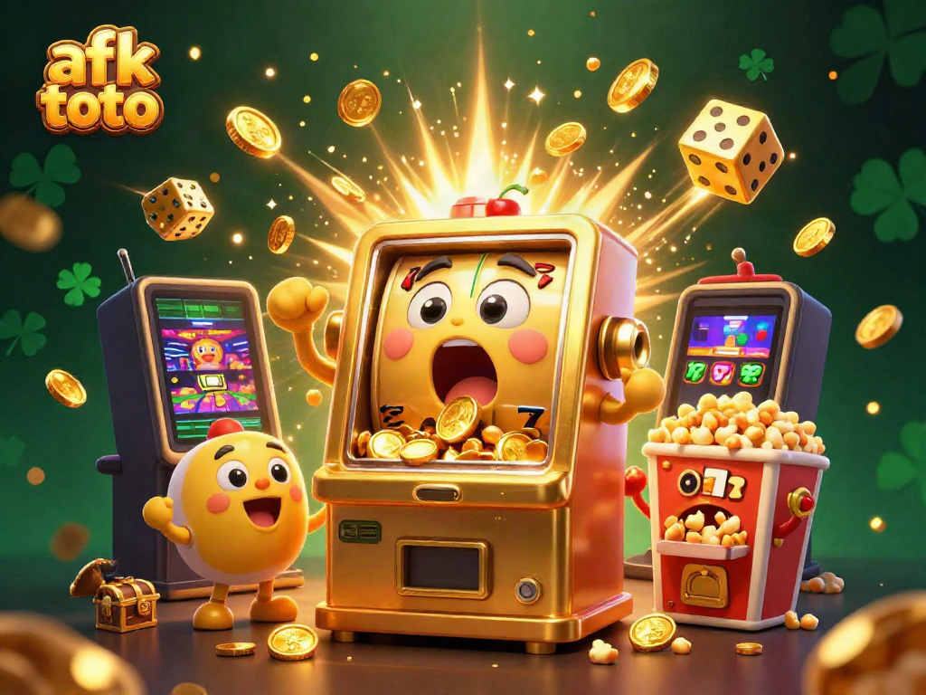 Mesin slot afk toto memenangkan jackpot, dikelilingi koin emas dan elemen kasino.