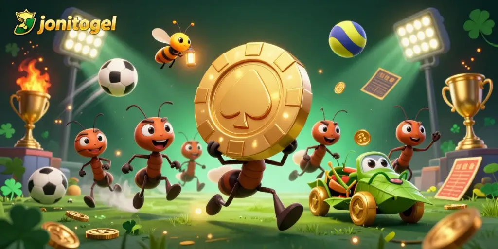 Experience the thrill of jonitogel as ants pull off a heist with a massive poker chip, showcasing dynamic gambling elements.
