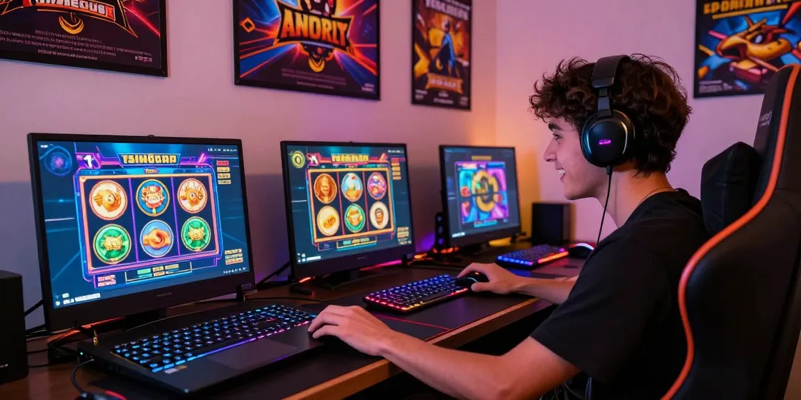 Engaged player enjoying slot gacor games on a colorful laptop setup.