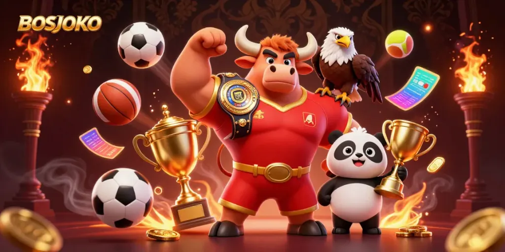 BOSJOKO showcases a dynamic 3D scene of a bull mascot celebrating gaming victory with a trophy.