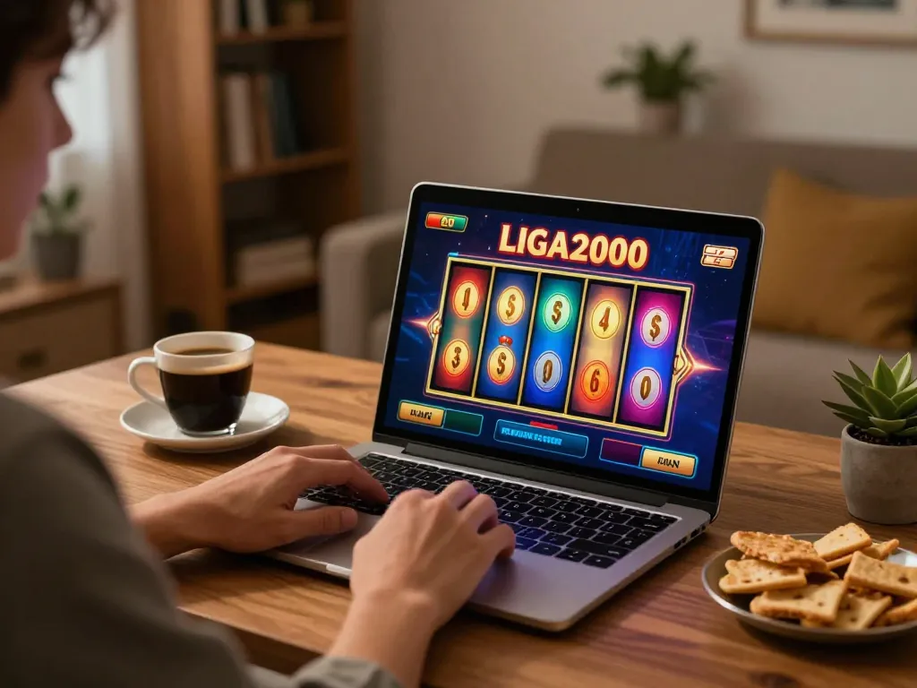 Engaging with LIGA2000 online slots from a cozy home setup, showcasing real-time gaming action.