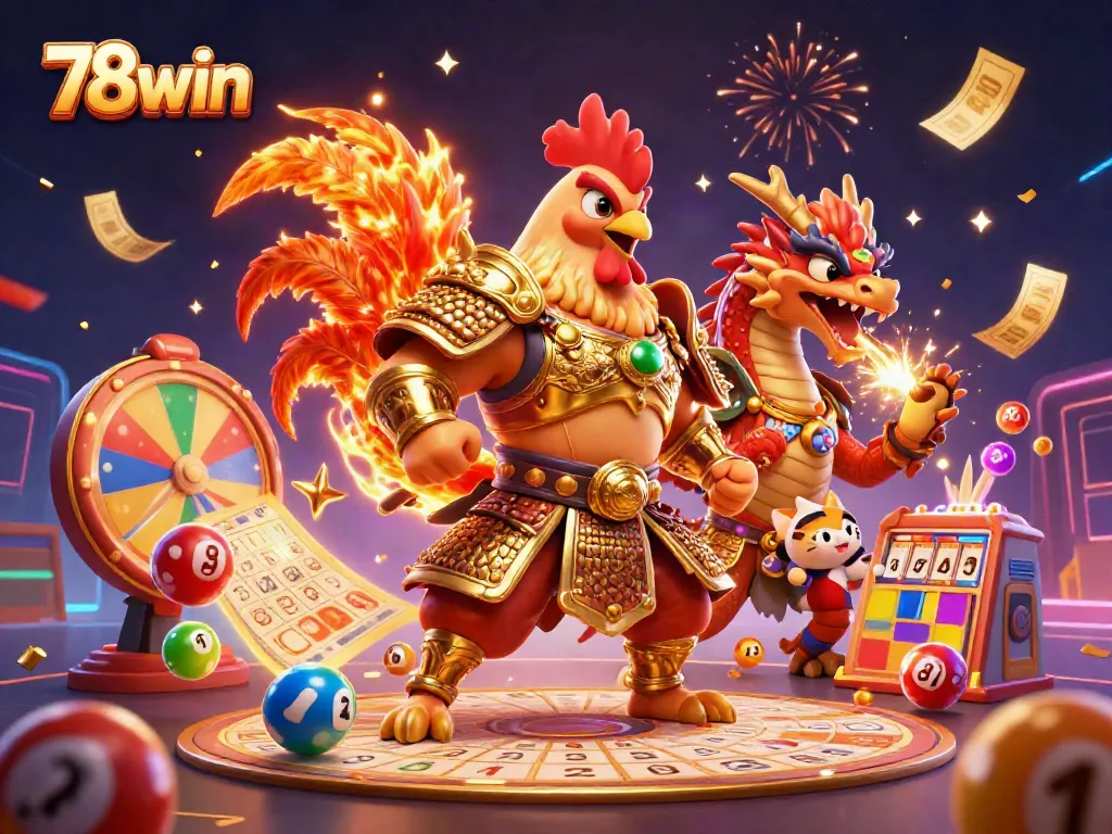 Engage with 78win's thrilling online casino experience featuring dynamic characters and festive elements.