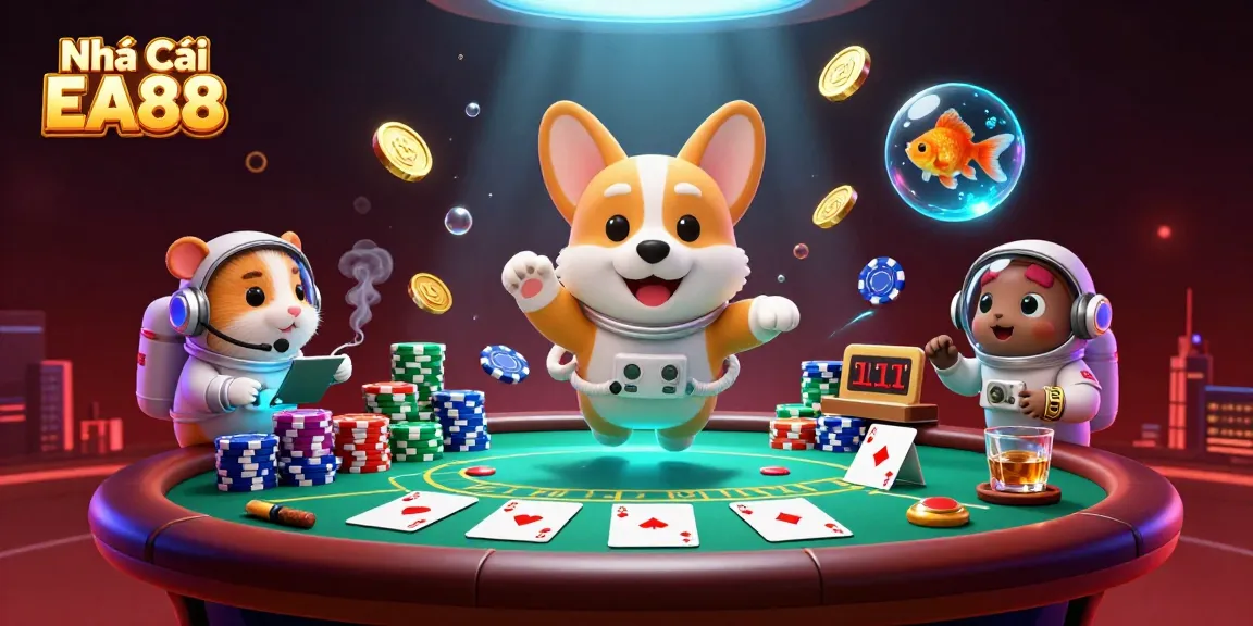 Engage with Nhà Cái EA88 in a vibrant casino scene featuring floating poker chips, coins, and charismatic characters.