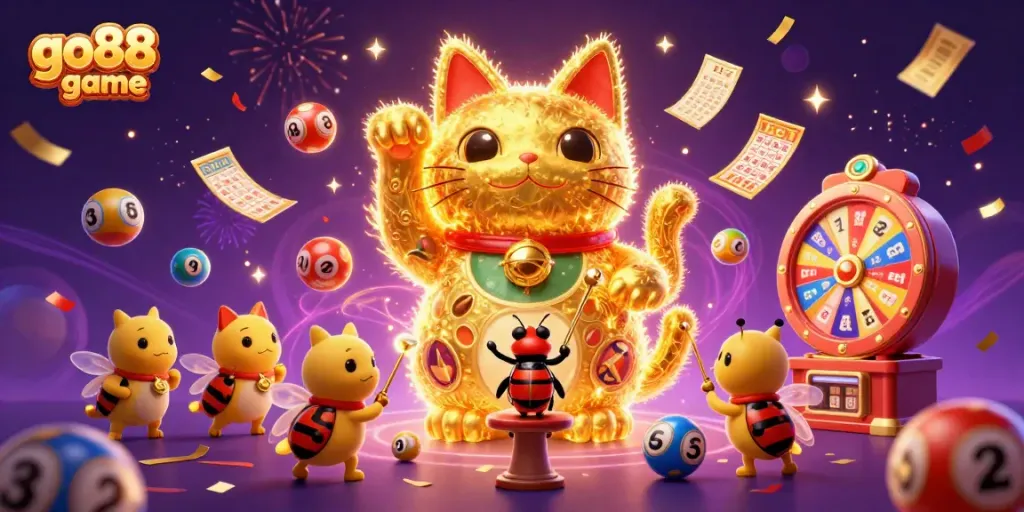 Experience the excitement with go88 game featuring a dynamic lucky cat and colorful casino elements.