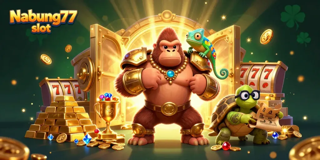 Rasakan keseruan dengan Nabung77 slot dalam ilustrasi 3D penuh aksi dari raja gorila dan karakter lucu lainnya.