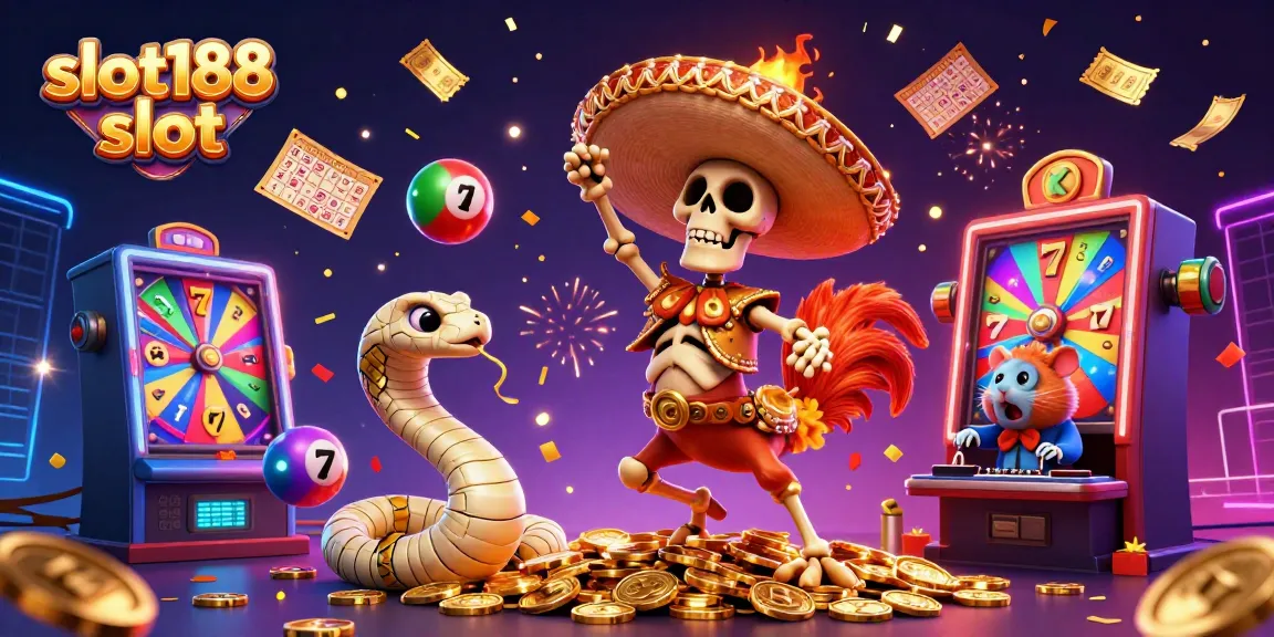 Menangkan jackpot dengan slot188 slot sambil melihat karakter unik seperti ayam mariachi dan ular mummy yang merayakan keberuntungan!