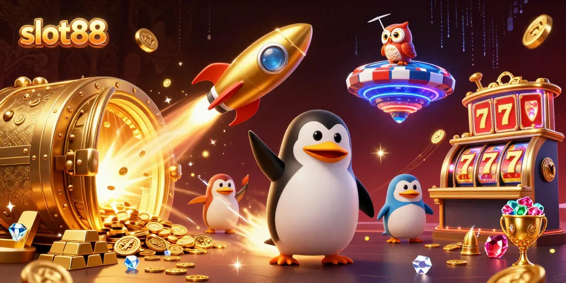 Slot88 menghadirkan petualangan megah dengan penguin emas yang menerbangkan koin dalam ilustrasi 3D di dunia kasino.