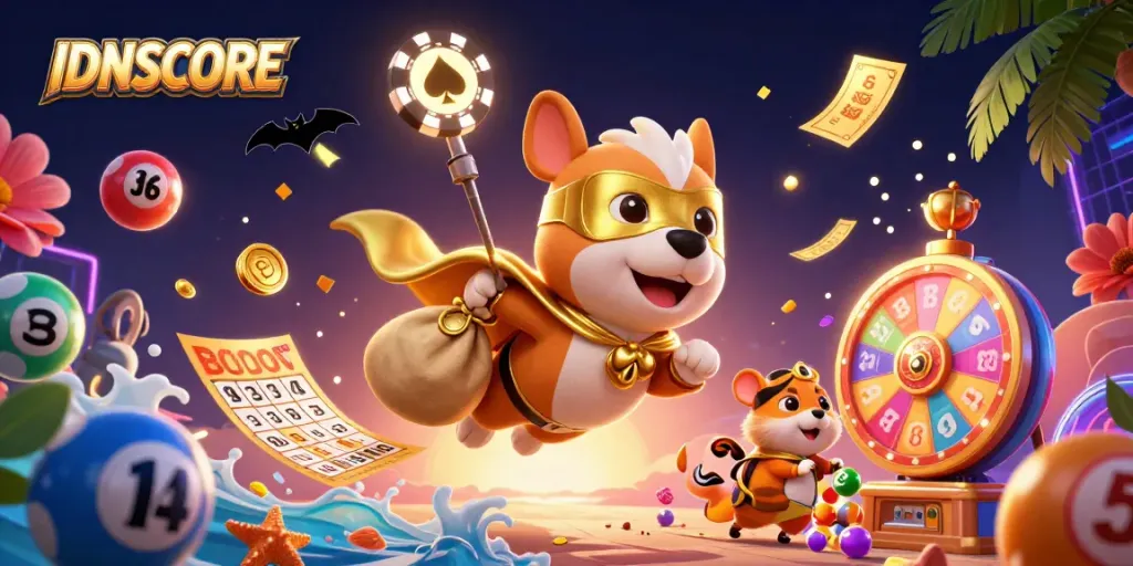 IDNSCORE brings excitement with a superhero dog and hamster in a vibrant casino scene.