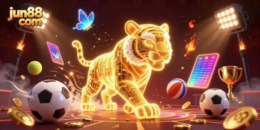 Experience thrilling bets with jun88 com featuring a golden tiger in a vibrant casino landscape.