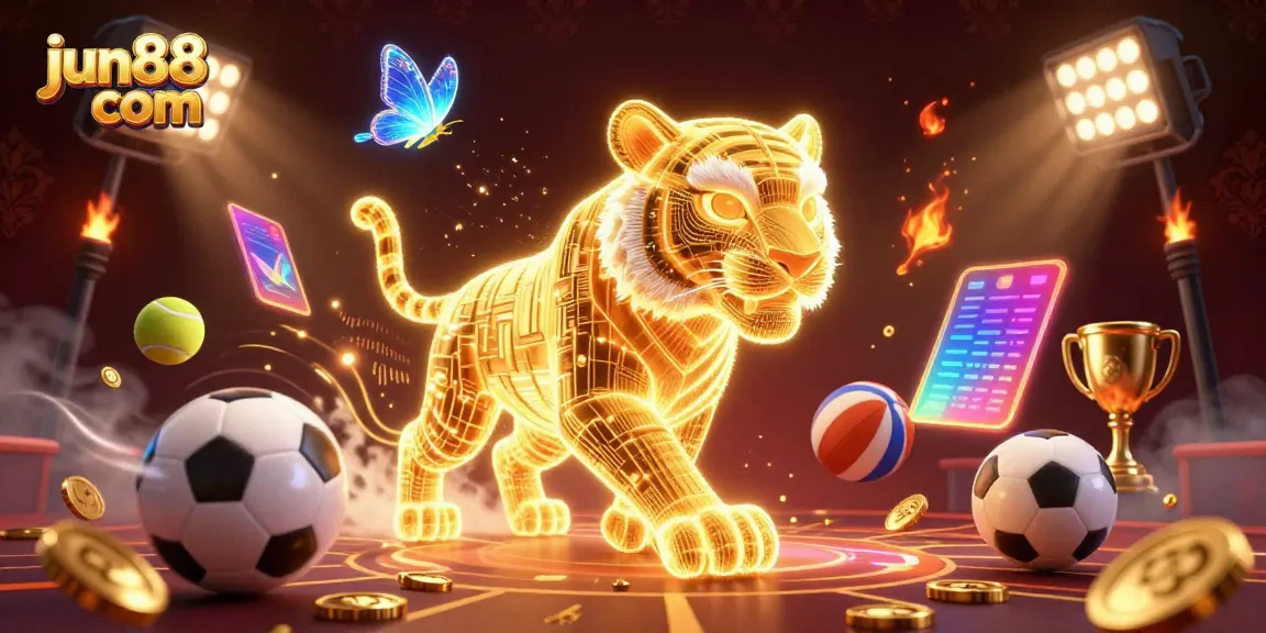 Experience thrilling bets with jun88 com featuring a golden tiger in a vibrant casino landscape.