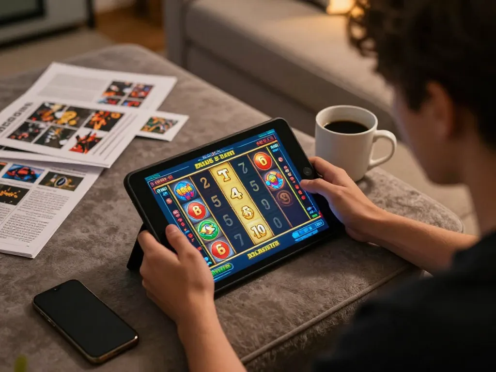 Player engaging in zeus slot gameplay on tablet in cozy home setting with strategy notes