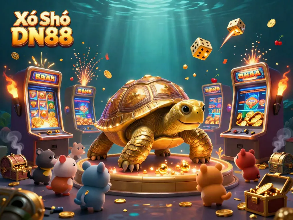 Xổ Số DN88 excitement captured in a vibrant scene with golden tortoise and slot machines