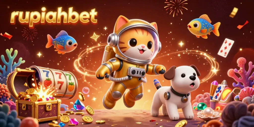 Experience the fun at rupiahbet with a vibrant gaming scene featuring a cat astronaut and dynamic casino elements.