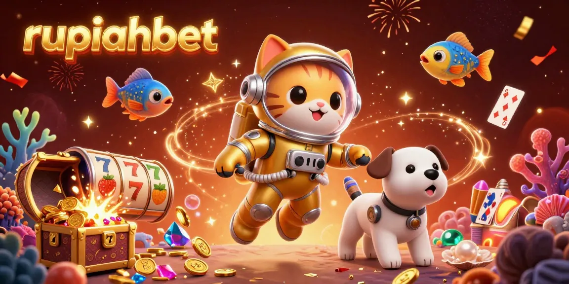 Experience the fun at rupiahbet with a vibrant gaming scene featuring a cat astronaut and dynamic casino elements.