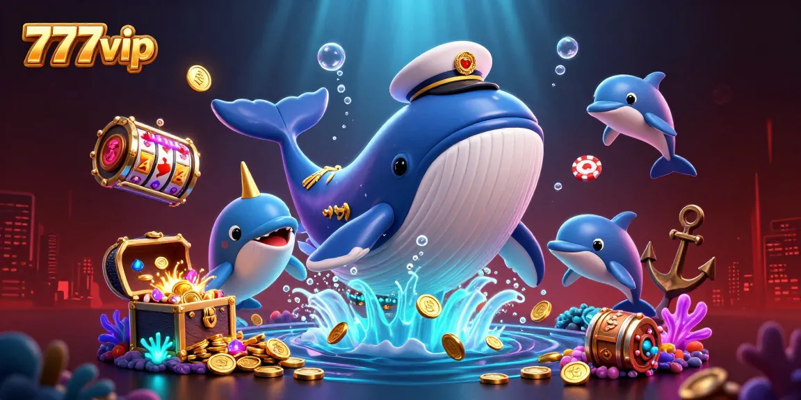 Experience the thrill of winning at 777vip with a vibrant 3D illustration of a whale, narwhal, and dolphins in a gold coin sea.