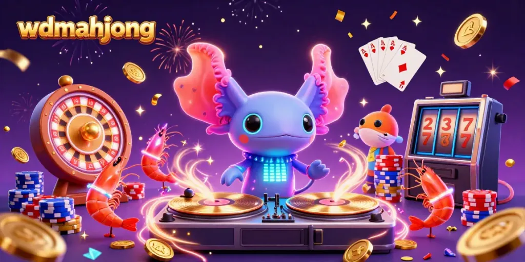 Experience excitement with wdmahjong as a neon axolotl DJ spins tales of luck amidst dazzling casino elements.