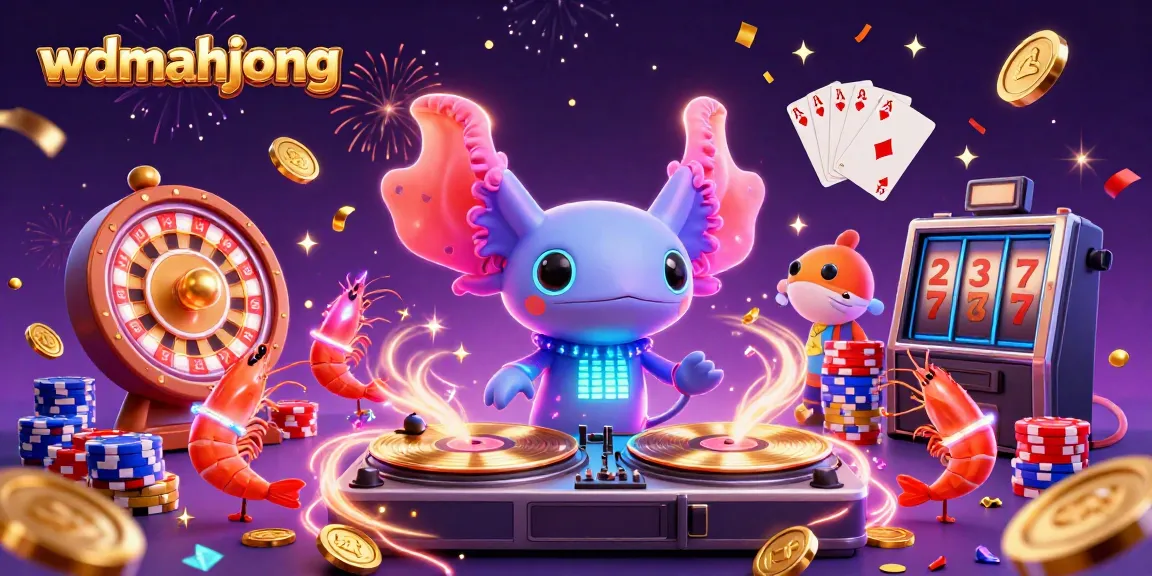 Experience excitement with wdmahjong as a neon axolotl DJ spins tales of luck amidst dazzling casino elements.
