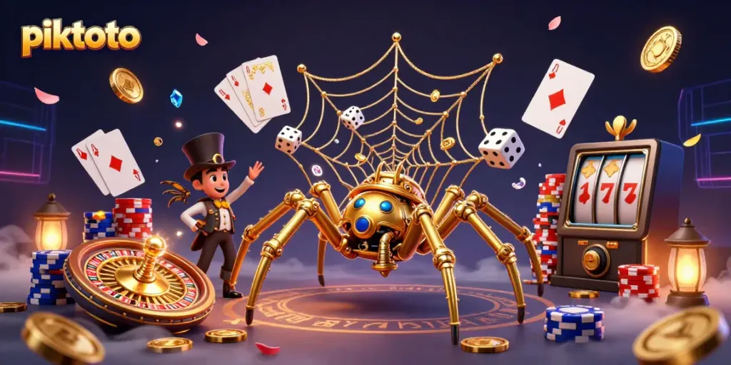 Experience thrilling online gambling with piktoto's dynamic casino elements in this vibrant 3D illustration.
