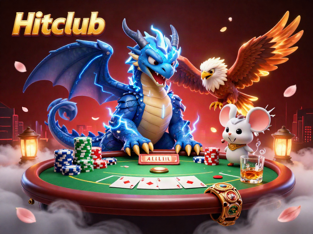 Hitclub logo positioned over a vibrant poker scene with a thunder dragon and a hawk, showcasing excitement in online gaming.