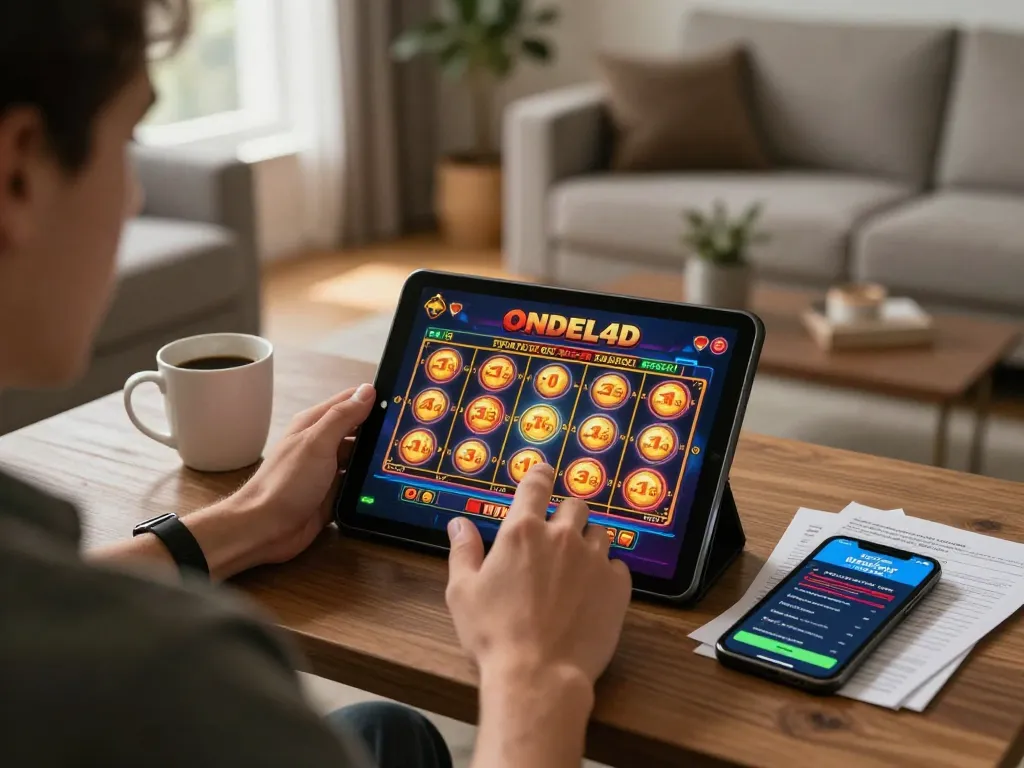 Pemain menikmati permainan slot ONDEL4D di tablet dalam suasana yang nyaman.