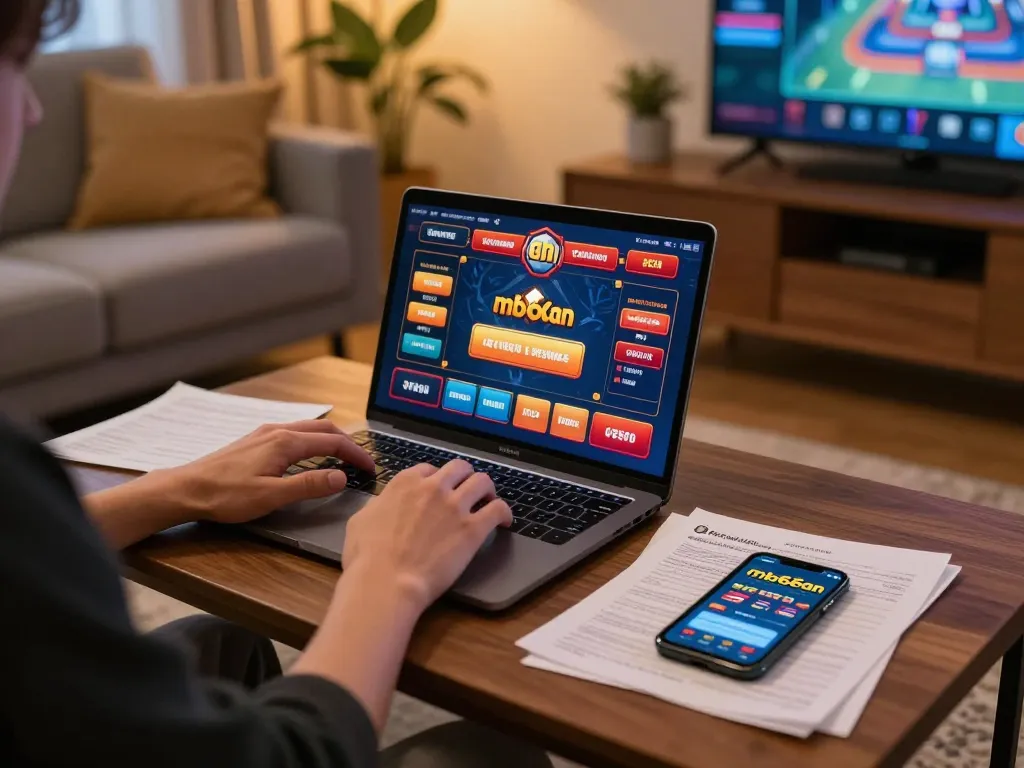 Player enjoying mb66an online games on a laptop in a cozy home setup with betting notes.