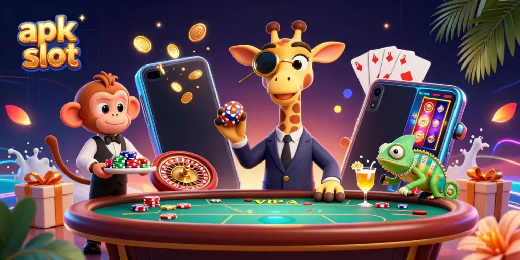 Menangkan permainan slot di apk slot yang dirender dengan detail tinggi, menampilkan gajah, monyet, dan chameleon.