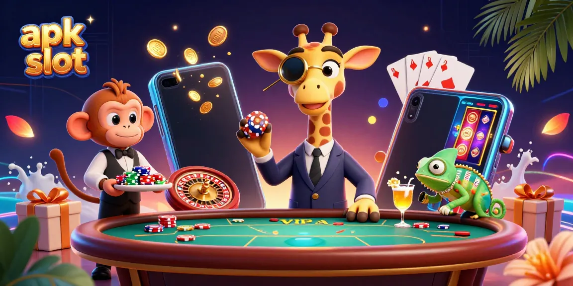 Menangkan permainan slot di apk slot yang dirender dengan detail tinggi, menampilkan gajah, monyet, dan chameleon.