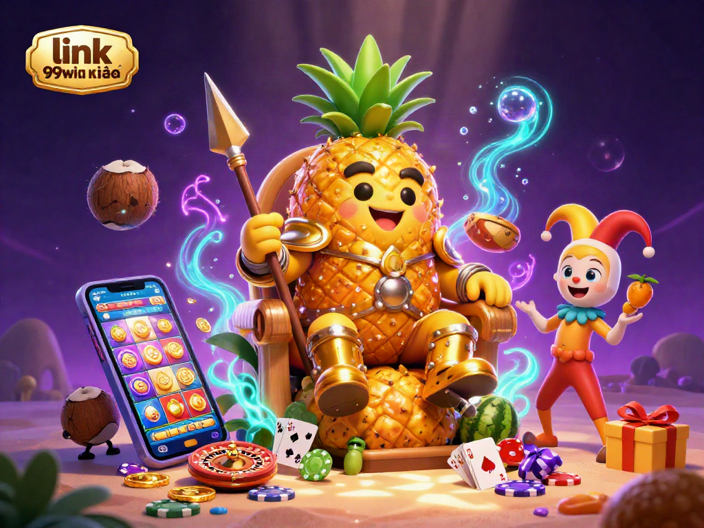 Experience thrilling action with the link 99win mới nhất in a vibrant casino scene, featuring a golden pineapple king and game elements.