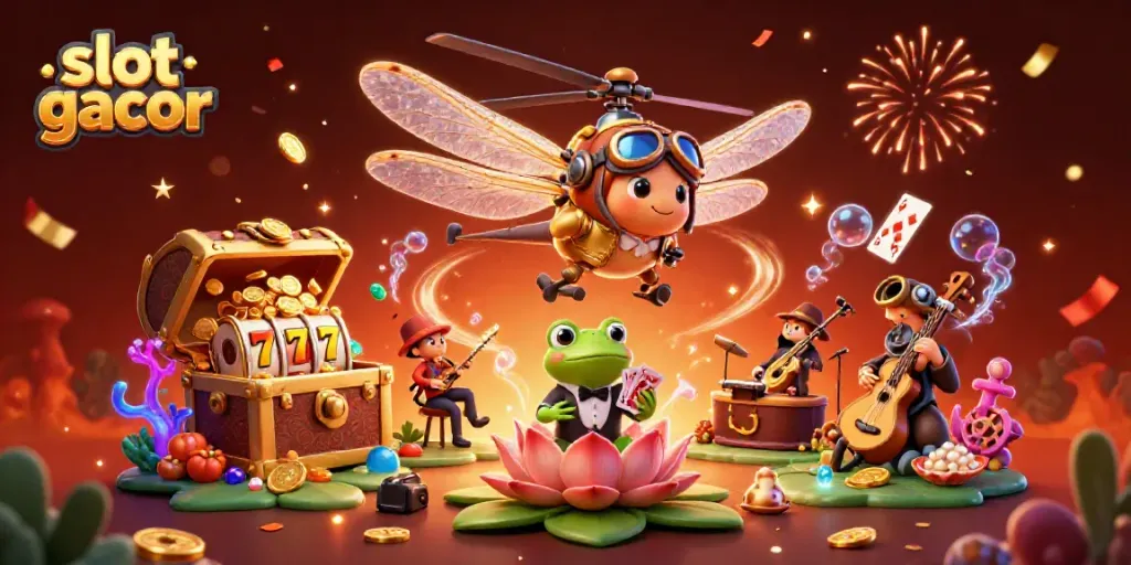 Slot gacor memperlihatkan suasana kasino di atas lily pad dengan karakter unik dalam 3D dan elemen bermain yang menakjubkan.