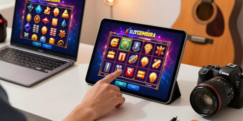 Engaging SLOTGEMBIRA digital entertainment scene with gaming setup and acoustic guitar elements.