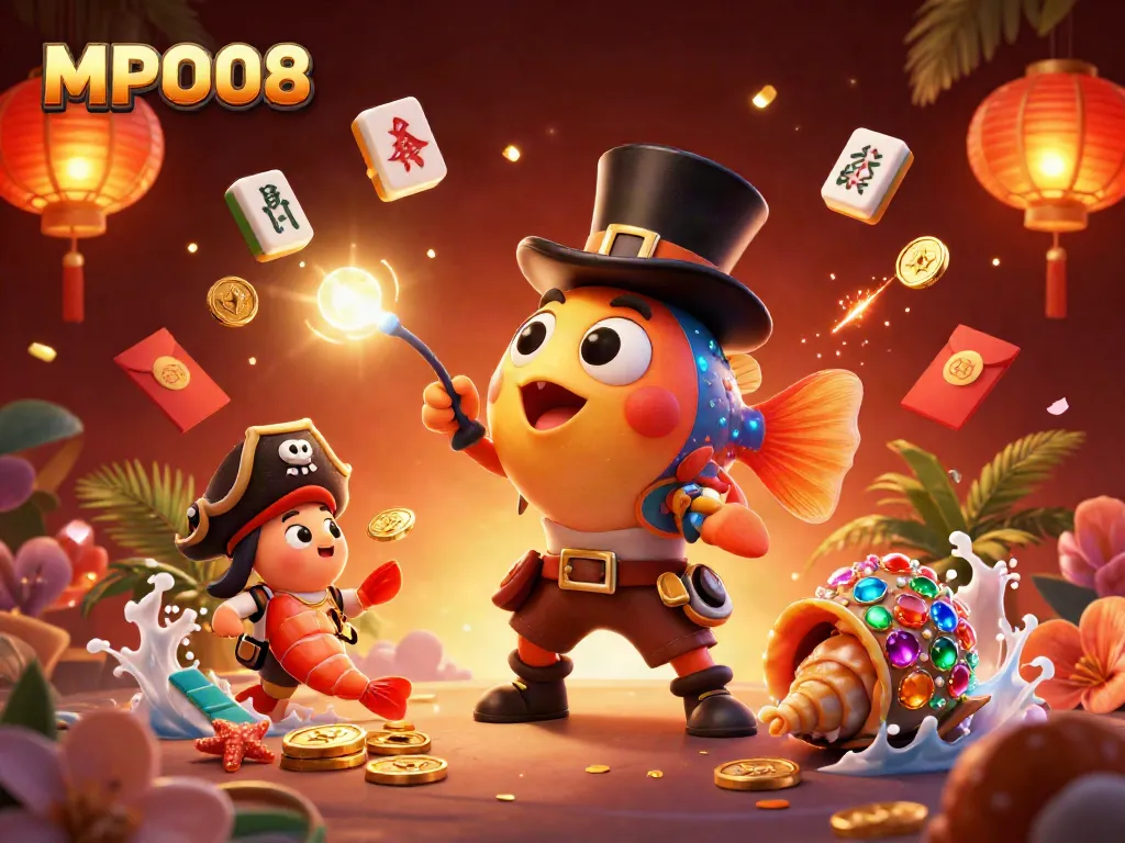Play and win with MPO08 as anglerfish and friends celebrate casino excitement under a vibrant ocean atmosphere.