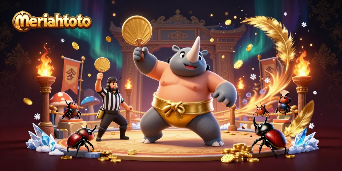 Meriahtoto menampilkan juara sumo kumbang badak dengan koin emas terbang saat bertanding.