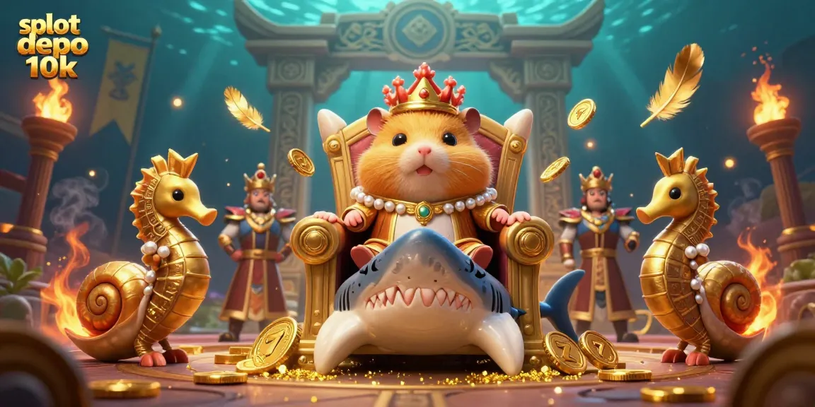 Engage with the vibrant scene of slot depo 10k, showcasing a fierce hamster king amidst dynamic slot reels and riches.